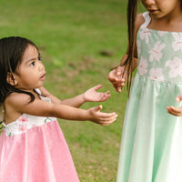 Handmade Hawaiian Girls Twirl Dress - Mint Hibiscus with Ric Rac Tie Straps