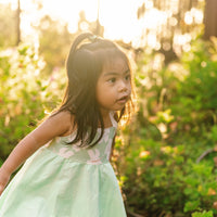 Handmade Hawaiian Girls Twirl Dress - Mint Hibiscus with Ric Rac Tie Straps