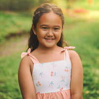 Girls Dress - Cherry Print with Peachy Twirly Skirt and Adjustable Straps - Baby, Toddler or Kid's Dress - Handmade in Maui, Hawaii USA