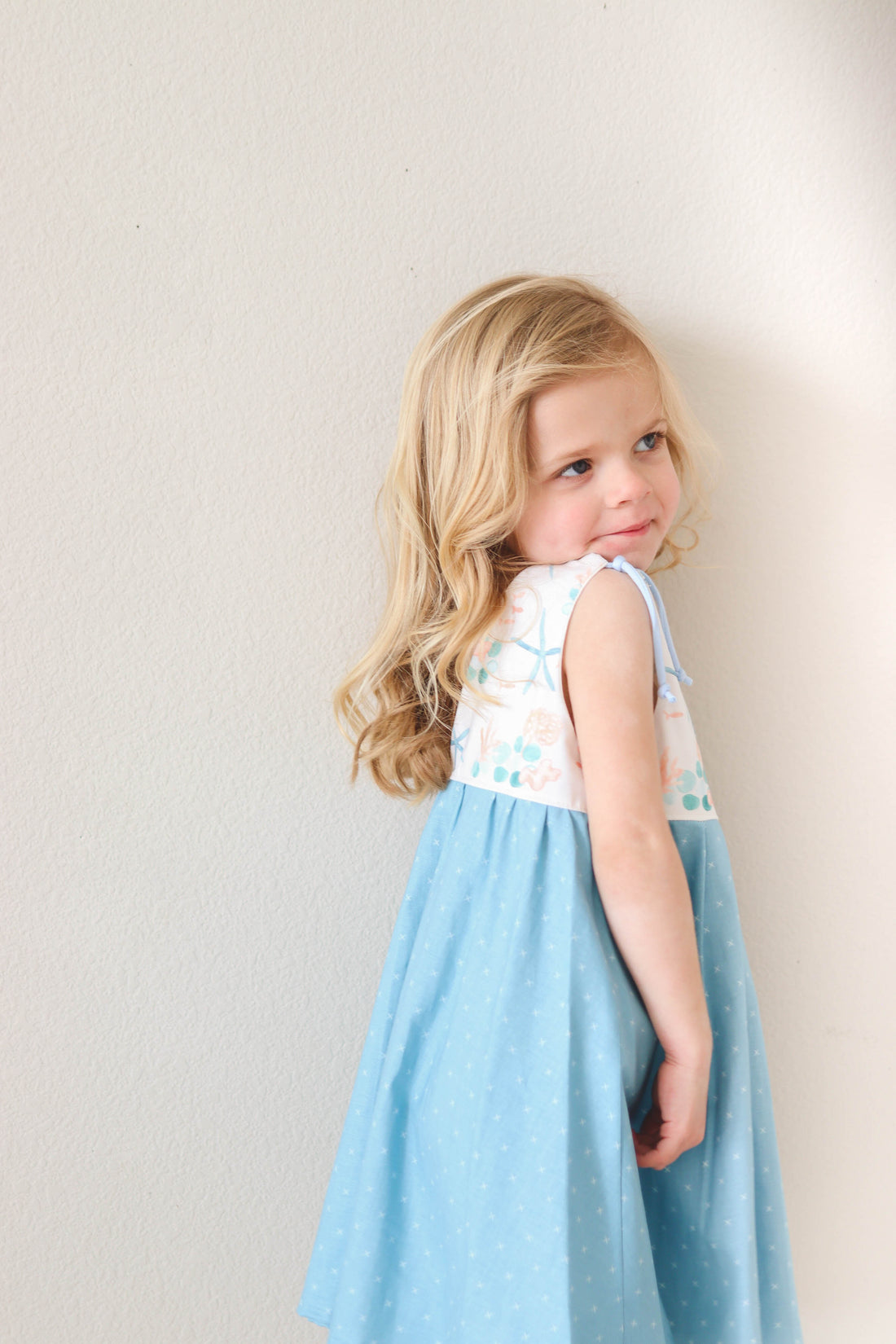 Handmade Girls' Starfish Dress in Blue | Adjustable Straps & Full Skirt | 100% Cotton | Made in Hawaii