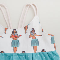 Close-up of the Hula Girls print on 100% cotton fabric