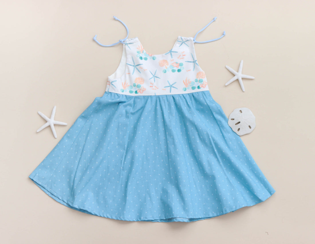 Handmade Girls' Starfish Dress in Blue | Adjustable Straps & Full Skirt | 100% Cotton | Made in Hawaii