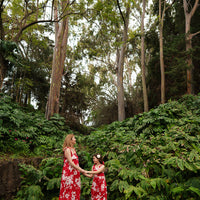 Handmade Girls 'Hanalei' Dress in Red Hau | A Mu'u House x Bitty Bambu Collaboration | Adjustable Tie Straps & Ruffle Bottom | 100% Tencel Twill | Made in Maui, Hawaii