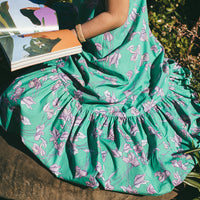 Handmade Girls Dress in Green Bougainvillea | A Mu'u House x Bitty Bambu Collaboration | Adjustable Tie Straps & Ruffled Hem | 100% Cotton | Made in Maui, Hawaii