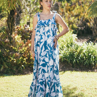 Handmade Girls Linen Floral Dress in Navy Gardenia | A Mu'u House x Bitty Bambu Collaboration | Adjustable Tie Straps & Twirling Skirt | Sizes 6M-8Y | Made in Maui, Hawaii