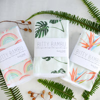 Baby gift set - set of three burp cloths with bird of paradise, rainbows and monstera print