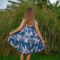 Handmade Girls Twirly Dress in Navy Orchid | A Mu'u House x Bitty Bambu Collaboration | Adjustable Tie Straps & Full Skirt | 100% Cotton Poplin | Made in Maui, Hawaii