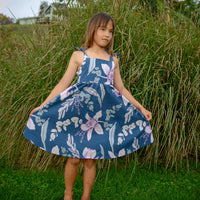 Handmade Girls Twirly Dress in Navy Orchid | A Mu'u House x Bitty Bambu Collaboration | Adjustable Tie Straps & Full Skirt | 100% Cotton Poplin | Made in Maui, Hawaii