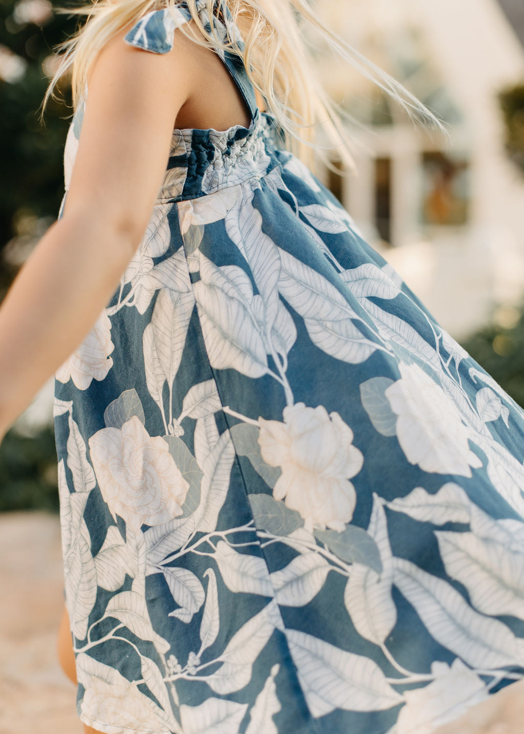 Handmade Girls Linen Floral Dress in Navy Gardenia | A Mu'u House x Bi bitty bambu Handmade Girls Linen Floral Dress in Navy Gardenia | A Mu'u House x Bi bitty bambu