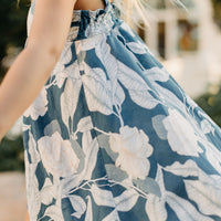 Handmade Girls Linen Floral Dress in Navy Gardenia | A Mu'u House x Bitty Bambu Collaboration | Adjustable Tie Straps & Twirling Skirt | Sizes 6M-8Y | Made in Maui, Hawaii