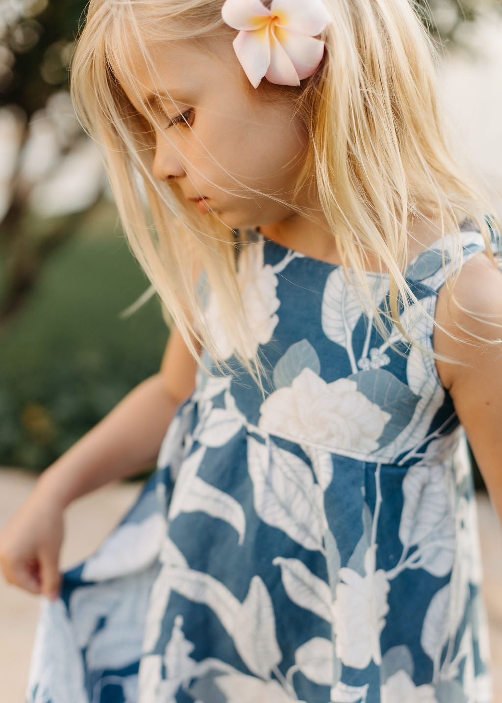 Handmade Girls Linen Floral Dress in Navy Gardenia | A Mu'u House x Bi   bitty bambu