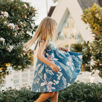 Handmade Girls Twirly Dress in Navy Orchid | A Mu'u House x Bitty Bambu Collaboration | Adjustable Tie Straps & Full Skirt | 100% Cotton Poplin | Made in Maui, Hawaii