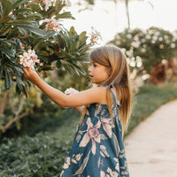 Handmade Girls Twirly Dress in Navy Orchid | A Mu'u House x Bitty Bambu Collaboration | Adjustable Tie Straps & Full Skirt | 100% Cotton Poplin | Made in Maui, Hawaii