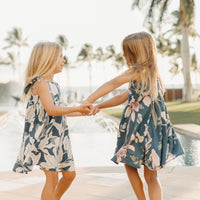 Handmade Girls Twirly Dress in Navy Orchid | A Mu'u House x Bitty Bambu Collaboration | Adjustable Tie Straps & Full Skirt | 100% Cotton Poplin | Made in Maui, Hawaii