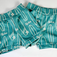 Eco-Friendly Organic Knit Baby Shorts | Blue Aloha Surfboard Design | Gender Neutral, Soft & Comfy Diaper Cover, or Shorts