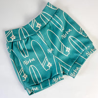 Eco-Friendly Organic Knit Baby Shorts | Blue Aloha Surfboard Design | Gender Neutral, Soft & Comfy Diaper Cover, or Shorts