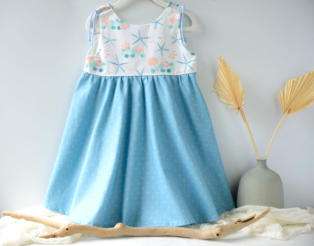 Handmade Girls' Starfish Dress in Blue | Adjustable Straps & Full Skirt | 100% Cotton | Made in Hawaii