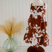 Handmade Girls' Tropical Floral Dress | Brown Hau Print | Soft 100 percent Cotton Double Gauze | Shirred Back | Made in Maui, Hawaii