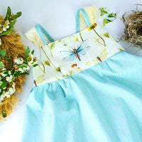 Handmade Girls' Dragonfly and Botanical Print Dress | 100% Cotton | Shirred Back and Lace Trimmed| Made in Maui, Hawaii
