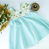 Handmade Girls' Dragonfly and Botanical Print Dress | 100% Cotton | Shirred Back and Lace Trimmed| Made in Maui, Hawaii