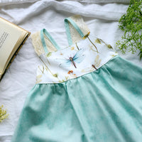 Girls Dress - Dragonfly Botanical Print with Twirly Skirt and Lace - Toddler Dress - Baby Girl Dress - Handmade in Maui, Hawaii USA