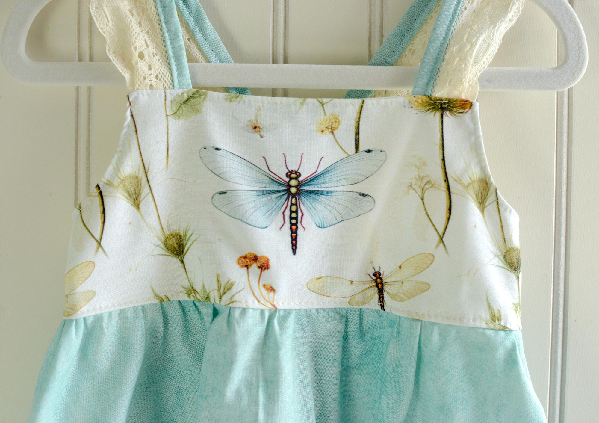 Girls Dress - Dragonfly Botanical Print with Twirly Skirt and Lace