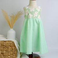 Handmade Hawaiian Girls Twirl Dress - Mint Hibiscus with Ric Rac Tie Straps