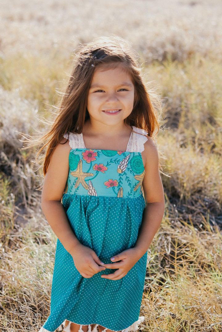 Girls Dress - Ocean Themed Dress with Lace Sleeves and Fringe Trim Toddler Dress - Baby Girl Dress -    Made in Maui, Hawaii