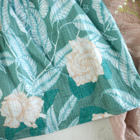 closeup of gardenia print and texture of double gauze