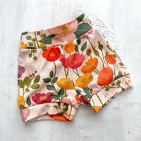 Eco-Friendly Organic Knit Baby Shorts | Poppies and Floral Design | Soft & Comfy Diaper Cover or Toddler Shorts | Handmade in Maui, Hawaii