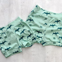 Eco-Friendly Organic Knit Baby Shorts | Iwa Bird Print on Green | Gender Neutral, Soft & Comfy Diaper Cover, or Shorts