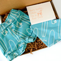 Aloha Surfboards Baby Gift Set in Blue | Organic Knit Shorts & Burp Cloth | Gender-Neutral Gift Made in Maui, Hawaii USA