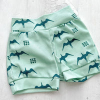 Eco-Friendly Organic Knit Baby Shorts | Iwa Bird Print on Green | Gender Neutral, Soft & Comfy Diaper Cover, or Shorts