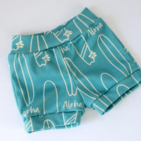 Aloha Surfboards Baby Gift Set in Blue | Organic Knit Shorts & Burp Cloth | Gender-Neutral Gift Made in Maui, Hawaii USA