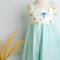 Dragonfly Girls Dress | Botanical Toddler Sundress, Lace Strap Back, Twirly Skirt | Garden Inspired, Handmade in Maui