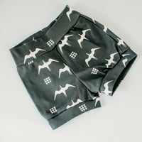 Organic Baby Shorts with Iwa Birds Print on Dark Gray | Gender Neutral Diaper Cover or Toddler Shorts | Handmade in Maui, Hawaii