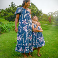 Handmade Girls Twirly Dress in Navy Orchid | A Mu'u House x Bitty Bambu Collaboration | Adjustable Tie Straps & Full Skirt | 100% Cotton Poplin | Made in Maui, Hawaii
