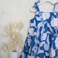 Handmade Girls Linen Floral Dress in Navy Gardenia | A Mu'u House x Bitty Bambu Collaboration | Adjustable Tie Straps & Twirling Skirt | Sizes 6M-8Y | Made in Maui, Hawaii