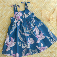 Handmade Girls Twirly Dress in Navy Orchid | A Mu'u House x Bitty Bambu Collaboration | Adjustable Tie Straps & Full Skirt | 100% Cotton Poplin | Made in Maui, Hawaii