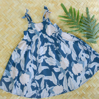 Handmade Girls Linen Floral Dress in Navy Gardenia | A Mu'u House x Bitty Bambu Collaboration | Adjustable Tie Straps & Twirling Skirt | Sizes 6M-8Y | Made in Maui, Hawaii