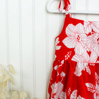 Handmade Girls 'Hanalei' Dress in Red Hau | A Mu'u House x Bitty Bambu Collaboration | Adjustable Tie Straps & Ruffle Bottom | 100% Tencel Twill | Made in Maui, Hawaii