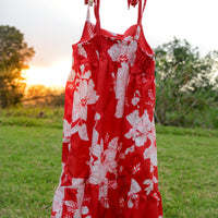 Handmade Girls 'Hanalei' Dress in Red Hau | A Mu'u House x Bitty Bambu Collaboration | Adjustable Tie Straps & Ruffle Bottom | 100% Tencel Twill | Made in Maui, Hawaii