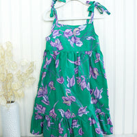 Handmade Girls Dress in Green Bougainvillea | A Mu'u House x Bitty Bambu Collaboration | Adjustable Tie Straps & Ruffled Hem | 100% Cotton | Made in Maui, Hawaii