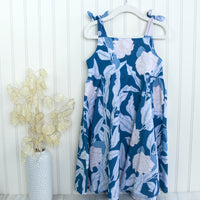 Handmade Girls Linen Floral Dress in Navy Gardenia | A Mu'u House x Bitty Bambu Collaboration | Adjustable Tie Straps & Twirling Skirt | Sizes 6M-8Y | Made in Maui, Hawaii