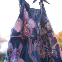 Handmade Girls Twirly Dress in Navy Orchid | A Mu'u House x Bitty Bambu Collaboration | Adjustable Tie Straps & Full Skirt | 100% Cotton Poplin | Made in Maui, Hawaii