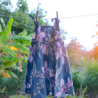 Handmade Girls Twirly Dress in Navy Orchid | A Mu'u House x Bitty Bambu Collaboration | Adjustable Tie Straps & Full Skirt | 100% Cotton Poplin | Made in Maui, Hawaii