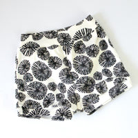 Eco- Friendly Organic Baby Shorts with Black Opihi Print on White | Gender Neutral Diaper Cover or Toddler Shorts | Handmade in Maui, Hawaii