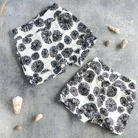 Eco- Friendly Organic Baby Shorts with Black Opihi Print on White | Gender Neutral Diaper Cover or Toddler Shorts | Handmade in Maui, Hawaii