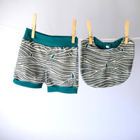 Eco-Friendly Organic Knit Baby Shorts and Bib Gift Set | Shark Fin Design | Soft & Comfy Diaper Cover Bummies, or Shorts and Matching Bib