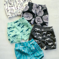 Eco-Friendly Organic Knit Baby Shorts | Black and White Aloha Surfboard Design | Gender Neutral, Soft & Comfy Diaper Cover, or Shorts